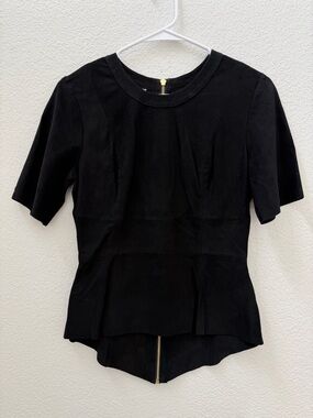 NWT Juliana Sanmartin Black 100% Leather Short-Sleeve Peplum Top with Back Zip